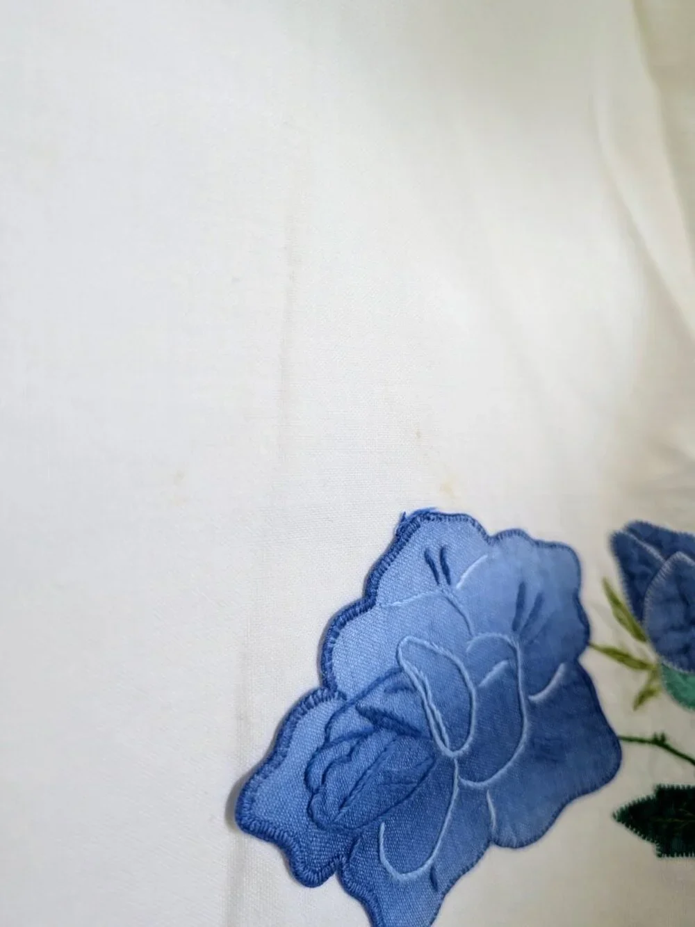 VTG Hand Embroidered Appliqué Linen Placemats Napkins Set 4 Blue Floral Cottage